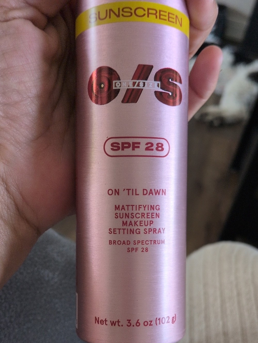 ONE/SIZE Mattifying Sunscreen Makeup Setting Spray in Pink with Yellow Accent
